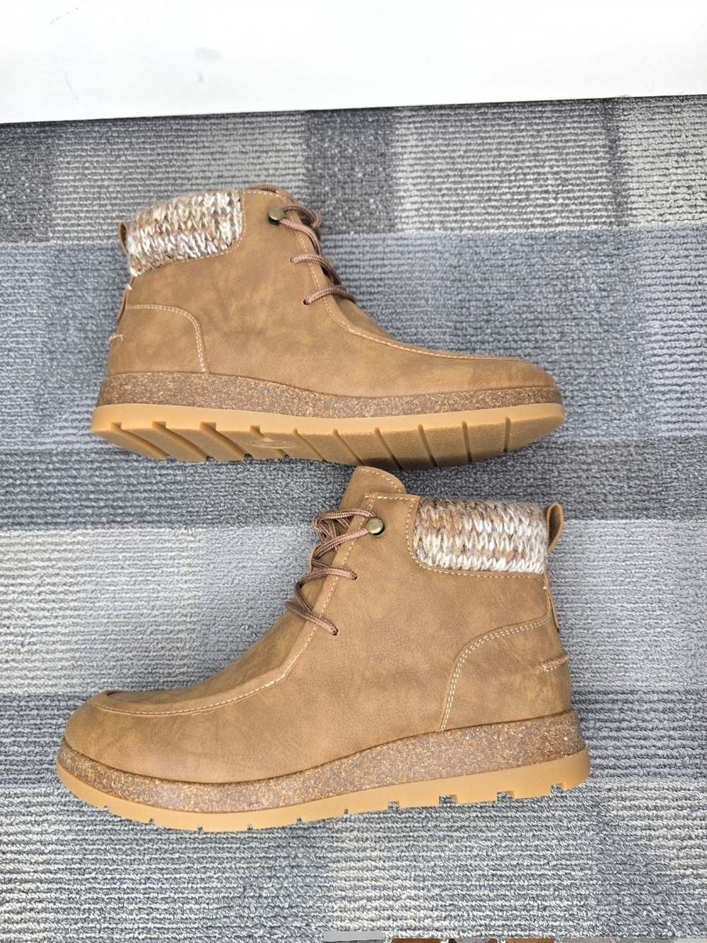 Women's Lace-Up Ankle Booties with Knit Collar in Tan